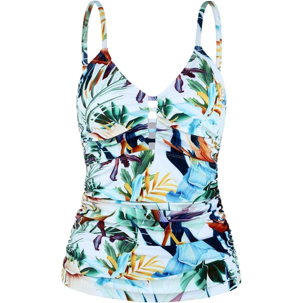 image:imageOcean Blues Womens Retro Tankini Swimsuit Shirring Tummy Control Tankini Top OnlyLeaf Print