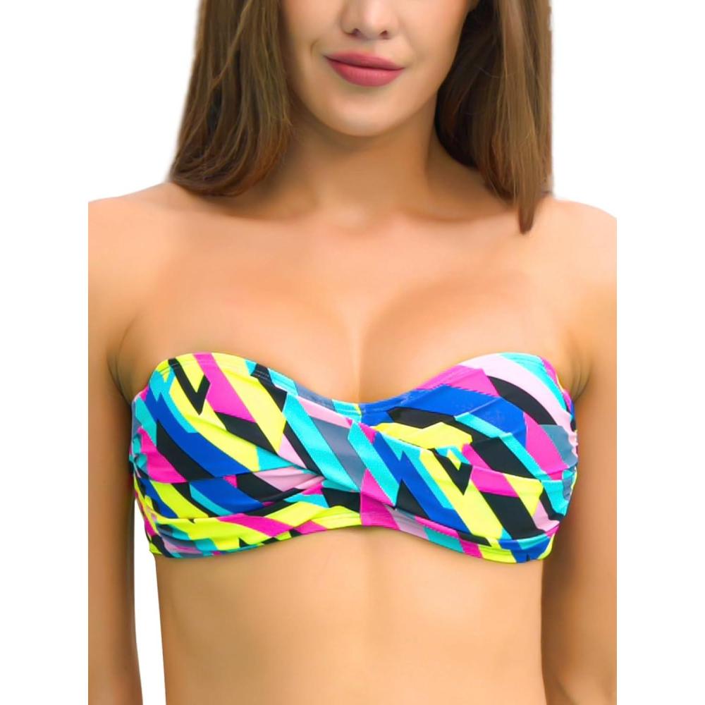 image:imageOcean Blues Womens Strapless Swimsuits for Women Bandeau Bikini Top Tie Back Halter Bathing Suit TopNeon Striped