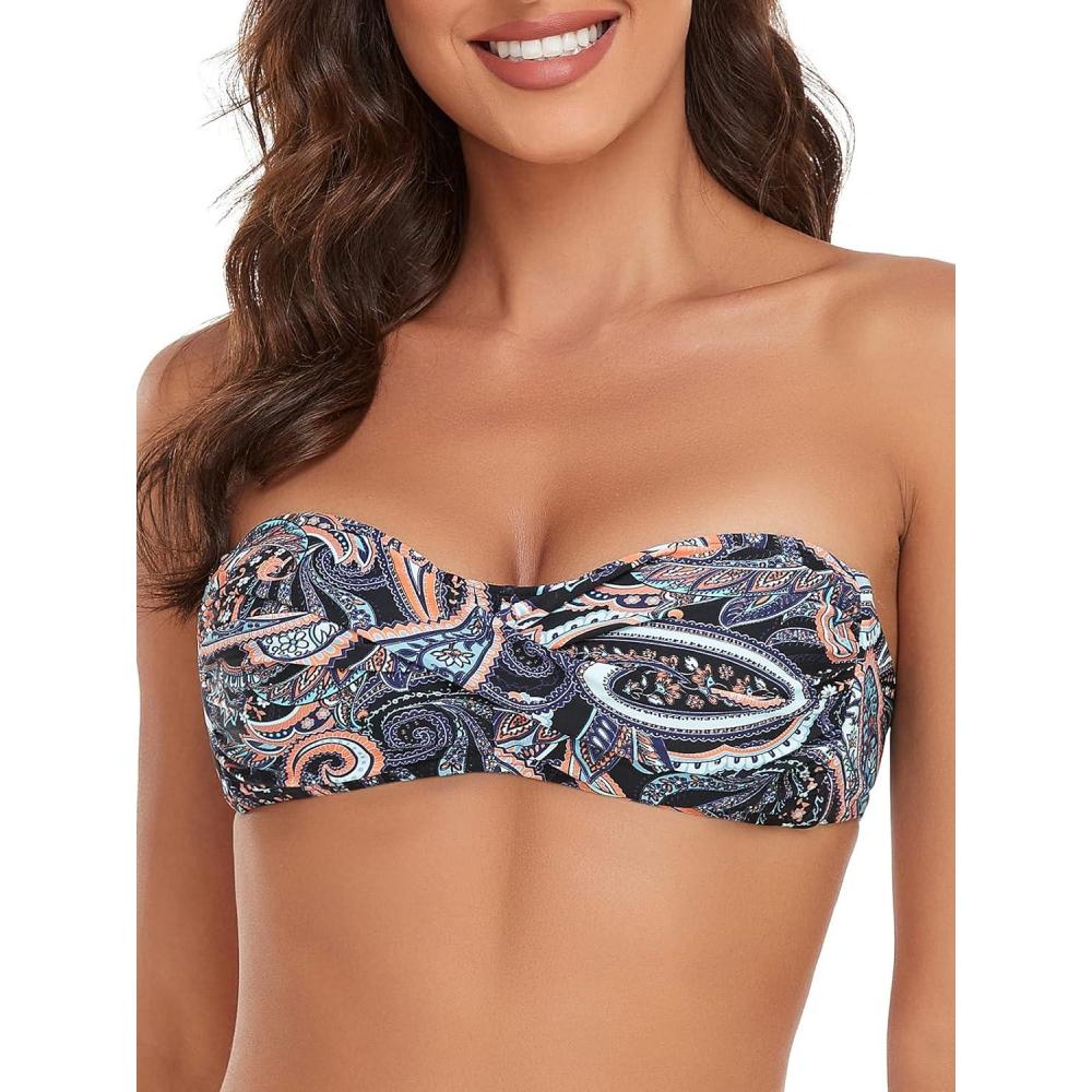 image:imageOcean Blues Womens Strapless Swimsuits for Women Bandeau Bikini Top Tie Back Halter Bathing Suit TopPaisley Floral