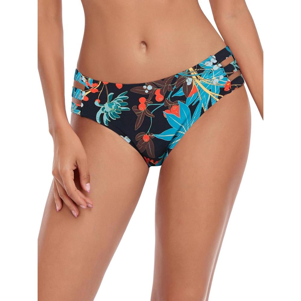 image:imageOcean Blues Womens Strappy Bikini Bottom Full Coverage Swim BriefsLeaf Pattern