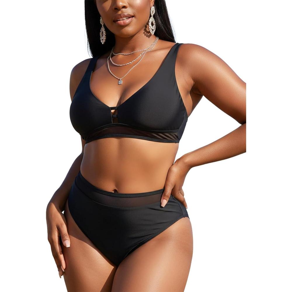 image:imageOcean Blues Womens Triangle Bikini Set High Waisted Two Piece Bathing Suit Sexy Mesh BikiniBlack