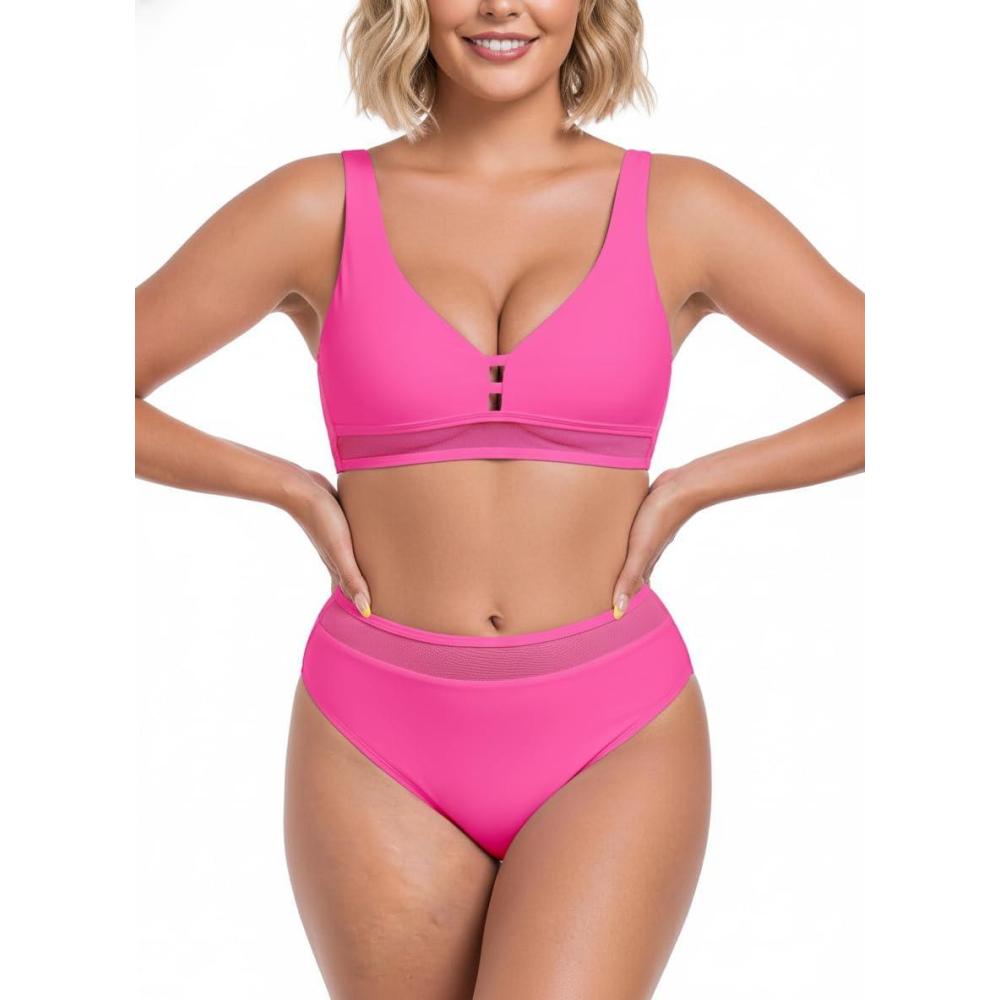 image:imageOcean Blues Womens Triangle Bikini Set High Waisted Two Piece Bathing Suit Sexy Mesh BikiniHot Pink