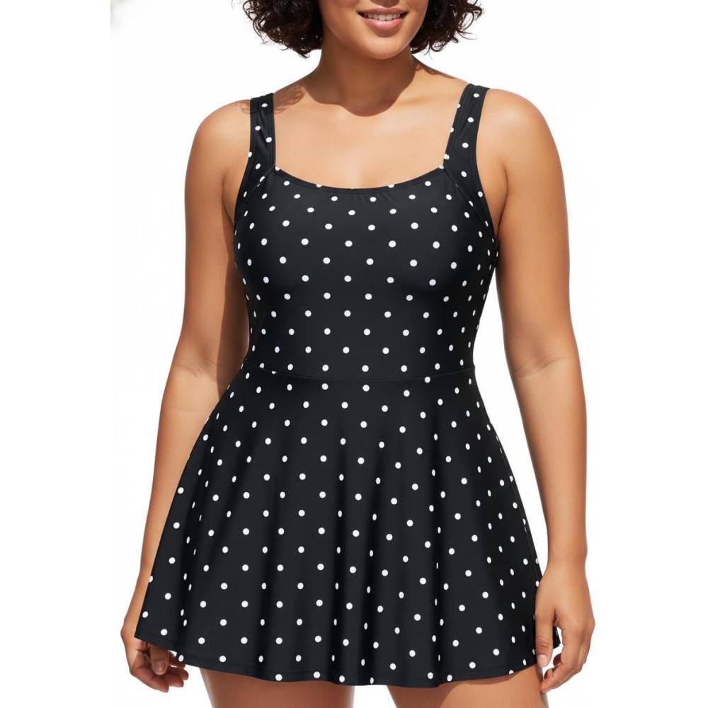 image:imageOcean Blues Womens Tummy Control Swim Dress Full Coverage Modest Skirted Bathing Suit with ShortsBlack Polka Dot