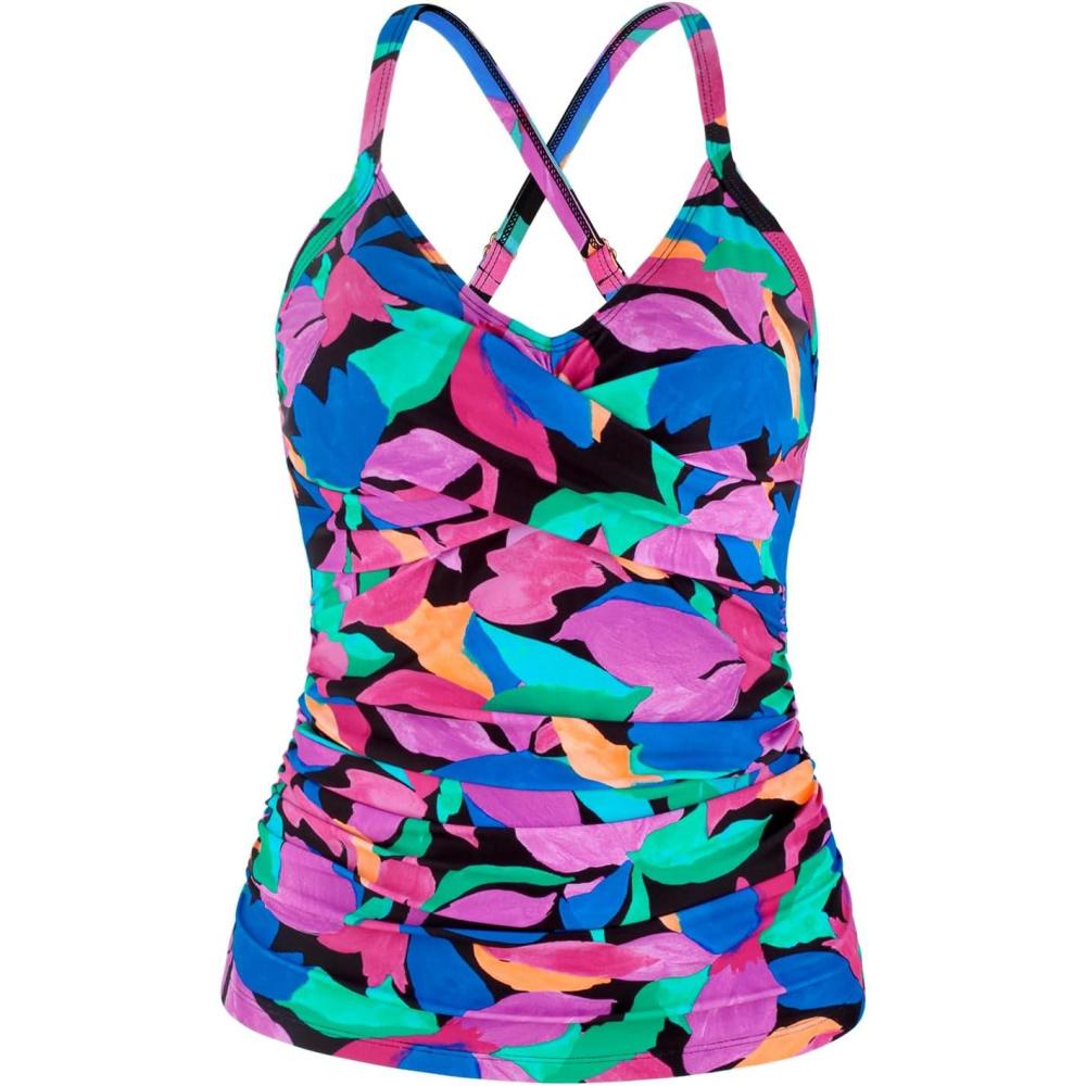 image:imageOcean Blues Womens Vneck Tankini Top Only Ruched Tummy Control Bathing Siut Top No BottomColorful Leaves