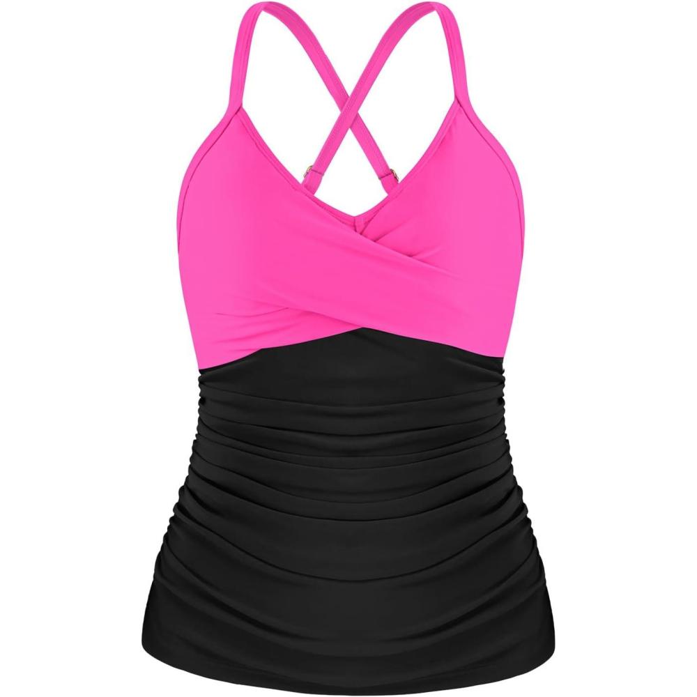 image:imageOcean Blues Womens Vneck Tankini Top Only Ruched Tummy Control Bathing Siut Top No BottomHot Pink Black