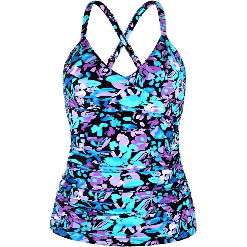 image:imageOcean Blues Womens Vneck Tankini Top Only Ruched Tummy Control Bathing Siut Top No BottomMulti Floral