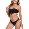 Ocean Blues Women’s Cheeky Two Piece Fringe Bandeau Bikini Set Strapless Top with Tie Back Bathing Suit(Black)