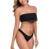 Ocean Blues Women’s Cheeky Two Piece Fringe Bandeau Bikini Set Strapless Top with Tie Back Bathing Suit(Black)