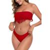 Ocean Blues Women’s Cheeky Two Piece Fringe Bandeau Bikini Set Strapless Top with Tie Back Bathing Suit(Red)