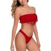 Ocean Blues Women’s Cheeky Two Piece Fringe Bandeau Bikini Set Strapless Top with Tie Back Bathing Suit(Red)