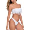 Ocean Blues Women’s Cheeky Two Piece Fringe Bandeau Bikini Set Strapless Top with Tie Back Bathing Suit(White)