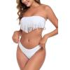 Ocean Blues Women’s Cheeky Two Piece Fringe Bandeau Bikini Set Strapless Top with Tie Back Bathing Suit(White)