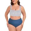 Ocean Blues Women’s High Waisted Bikini Set Two Piece Bathing Suits(Black Striped + Blue)