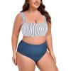 Ocean Blues Women’s High Waisted Bikini Set Two Piece Bathing Suits(Black Striped + Blue)