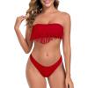 Ocean Blues Women’s Cheeky Two Piece Fringe Bandeau Bikini Set Strapless Top with Tie Back Bathing Suit(Red)