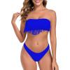 Ocean Blues Women’s Cheeky Two Piece Fringe Bandeau Bikini Set Strapless Top with Tie Back Bathing Suit(Royal Blue)