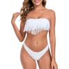Ocean Blues Women’s Cheeky Two Piece Fringe Bandeau Bikini Set Strapless Top with Tie Back Bathing Suit(White)