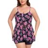 Ocean Blues Women’s Mesh Camisole Tankini Swimsuits Tummy Control Two Piece Bathing Suits Swim Tank Top with Boyshorts(Rose Redbud and Black)