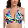 Ocean Blues Women’s Plus Size Cutout Bikini Top Halter Swimsuit Top(Neon Striped)