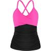 Ocean Blues Women’s Vneck Tankini Top Only Ruched Tummy Control Bathing Siut Top No Bottom(Hot Pink & Black)
