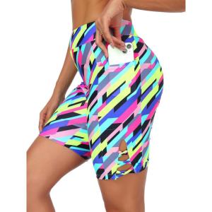 Ocean Blues Women’s 8″ High Waisted Swim Shorts with Pockets Tummy Control Board Shorts UPF 50+ Beach Shorts(Neon Striped)