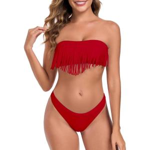 Ocean Blues Women’s Cheeky Two Piece Fringe Bandeau Bikini Set Strapless Top with Tie Back Bathing Suit(Red)