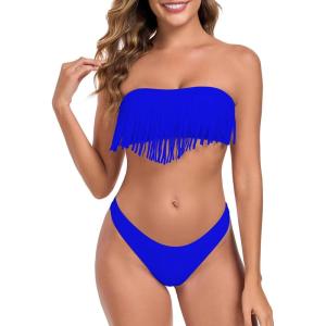Ocean Blues Women’s Cheeky Two Piece Fringe Bandeau Bikini Set Strapless Top with Tie Back Bathing Suit(Royal Blue)