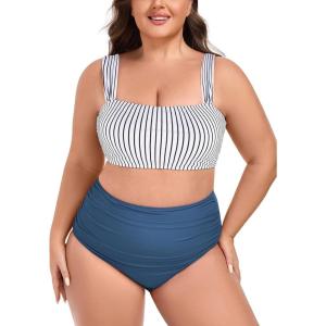 Ocean Blues Women’s High Waisted Bikini Set Two Piece Bathing Suits(Black Striped + Blue)