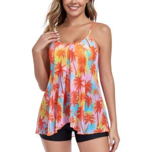 Ocean Blues Women’s Mesh Camisole Tankini Swimsuits Tummy Control Two Piece Bathing Suits Swim Tank Top with Boyshorts(Orange Coconut Tree and Black)