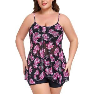Ocean Blues Women’s Mesh Camisole Tankini Swimsuits Tummy Control Two Piece Bathing Suits Swim Tank Top with Boyshorts(Rose Redbud and Black)