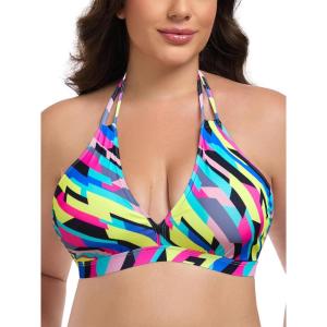 Ocean Blues Women’s Plus Size Cutout Bikini Top Halter Swimsuit Top(Neon Striped)