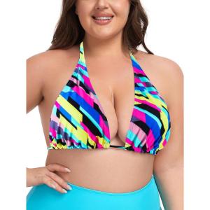 Ocean Blues Women’s Plus Size Triangle Bikini Top Halter Bathing Suit Top(Neon Striped)