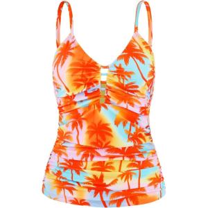 Ocean Blues Women’s Retro Tankini Swimsuit Shirring Tummy Control Tankini Top Only(Orange Coconut Tree)