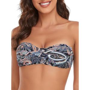 Ocean Blues Women’s Strapless Swimsuits for Women Bandeau Bikini Top Tie Back Halter Bathing Suit Top(Paisley Floral)