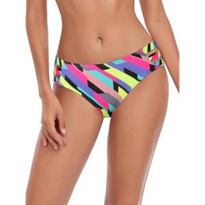 Ocean Blues Women’s Strappy Bikini Bottom Full Coverage Swim Briefs(Neon Striped)
