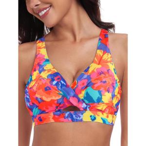 Ocean Blues Women’s V-Neck Bikini Top Retro Cutout Bathing Suit Top(Colorful Floral)