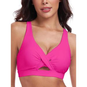 Ocean Blues Women’s V-Neck Bikini Top Retro Cutout Bathing Suit Top(Hot Pink)