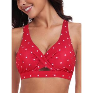 Ocean Blues Women’s V-Neck Bikini Top Retro Cutout Bathing Suit Top(Red Polka Dot)