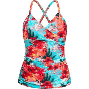 Ocean Blues Women’s Vneck Tankini Top Only Ruched Tummy Control Bathing Siut Top No Bottom(Blue Floral)