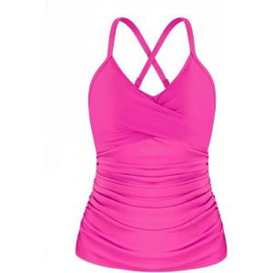Ocean Blues Women’s Vneck Tankini Top Only Ruched Tummy Control Bathing Siut Top No Bottom(Hot Pink)