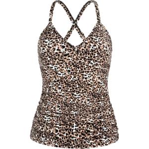 Ocean Blues Women’s Vneck Tankini Top Only Ruched Tummy Control Bathing Siut Top No Bottom(Leopard)