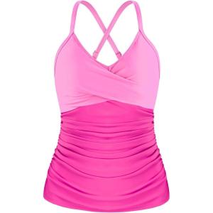 Ocean Blues Women’s Vneck Tankini Top Only Ruched Tummy Control Bathing Siut Top No Bottom(Ligh Pink & Hot Pink)