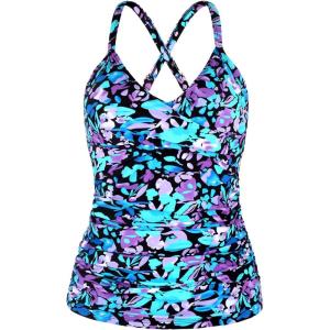 Ocean Blues Women’s Vneck Tankini Top Only Ruched Tummy Control Bathing Siut Top No Bottom(Multi Floral)