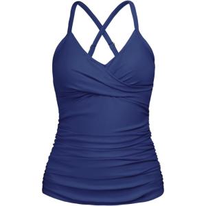 Ocean Blues Women’s Vneck Tankini Top Only Ruched Tummy Control Bathing Siut Top No Bottom(Navy Blue)