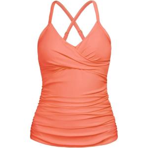 Ocean Blues Women’s Vneck Tankini Top Only Ruched Tummy Control Bathing Siut Top No Bottom(Orange-pink)