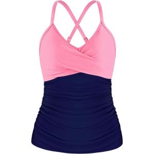 Ocean Blues Women’s Vneck Tankini Top Only Ruched Tummy Control Bathing Siut Top No Bottom(Pink & Navy)