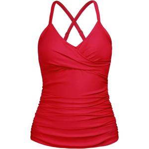 Ocean Blues Women’s Vneck Tankini Top Only Ruched Tummy Control Bathing Siut Top No Bottom(Red)