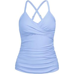 Ocean Blues Women’s Vneck Tankini Top Only Ruched Tummy Control Bathing Siut Top No Bottom(Sea Blue)
