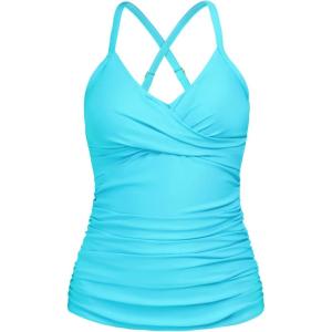 Ocean Blues Women’s Vneck Tankini Top Only Ruched Tummy Control Bathing Siut Top No Bottom(Sky Blue)