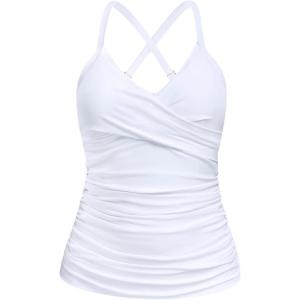 Ocean Blues Women’s Vneck Tankini Top Only Ruched Tummy Control Bathing Siut Top No Bottom(White)